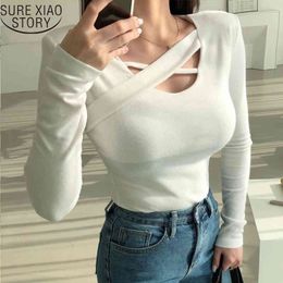 Elegant Solid Long Sleeve Tshirt Korean Women's Winter Blouse Women Ladies Chic Sexy Cross Low-cut Slim T-shirt 12894 210415