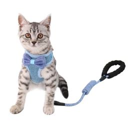 Cat Collars & Leads Pet Bow-knot Harness Leash Set Vest-Style Chest Strap Polyester Bow Breathable Mesh Harnesses Adjustable Bust