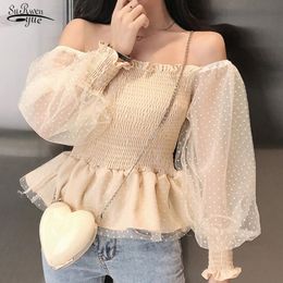 Autumn Top Female Sexy Slash Neck Lantern Long Sleeve Waist Hugging Women Shirts Vintage Polka Dot Mesh Blouse 10546 210521