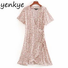 Vintage Women Sweet Floral Print Wrap Dresses Short Sleeve Cross V Neck A-line Sundress robe femme Casual Holiday Summer Dress 210514