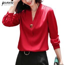Red V Neck Shirt Women Temperament Long Sleeve Fashion Saitin Bottoming Casual High-End Blouses Office Ladies Foraml Work Tops 210604