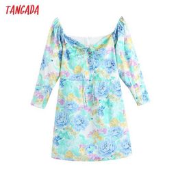 Tangada Women Chic Fashion Off Shoulder Floral Print Mini Dress Vintage Puff Sleeve Back Zipper Female Dresses Mujer BE907 210609