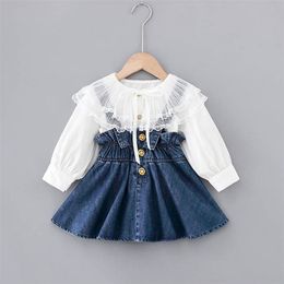 Toddler Baby Dress 1-3Years Spring Autumn Kid's Outwear Infant Big Lace Neck Shirt+vest Two Pieces Set For Girls 210625