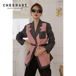 Color Block Causal Blazer Women Patchwork Jacket Green Pink Designer Ladies Coat Suit Korean Style Fall Fashion 210427