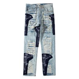 Yüksek Sokak Boy Baggy Jean Delik Saçak Nakış Pantolon Erkek Renk Blok Püskül Ripped Retri Denim Pantolon