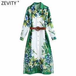 Women Vintage Green Flower Print Casual Slim Satin Shirt Dress Female Chic Side Split Sashes Kimono Vestidos DS8116 210420