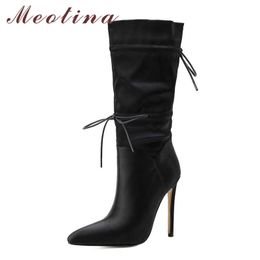 Meotina Mid-Calf Boots Women Shoes Super High Heel Female Boots Pointed Toe Thin Heels Lace UP Lady Footwear Winter Black 210608