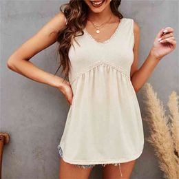 Summer V-Neck Lace Stitching Vest Tshirt Ladies Pure Color Sleeveless Tank Top Women Loose Oversized Pullover Tee Shirt 210517