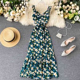 Korobov V Neck Sleeveless Sexy Camis Dress Bohemian Holiday Beach Style Ruffles Chiffon Vestido Summer Print Long Ropa 2a730 210430