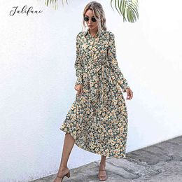 Autumn Spring Button Up Shirt Dress Casual Floral Flower Print Long Sleeve Womens Clothes Fall Red Long Dresses For Women 210415