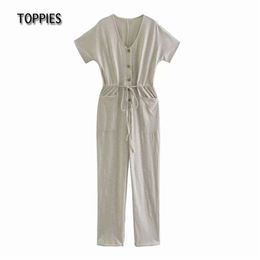 Casual Short Sleeve Jumpsuit Women Ajustable Waist Rompers Summer Sexy Tops Female Overalls Solid Colour 210421