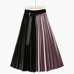 Spring Autumn Women Elastic Waist Casual Stitching Color Pathwork Panelled Over Knee Velour Pleated Skirt 8Y989 210510