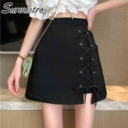 Spring Summer Plus Size S-5XL Fashion Korean Style Lace Up Women Black High Waist Mini School A line Skirt Female 210421