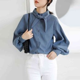 Blouse Women clothes Black Spring Winter Lantern Sleeve Shirt 's Loose Bow Long-sleeved Tops blusas 997E 210420