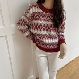 Autumn Winter OL Outwear Vintage Print Christmas Pullover Warm Sweater Women Elegant Mohair Loose Knitted Sweaters 210421
