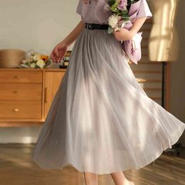 Johnature Summer Pleated Skirt Fashion All-match Women Pleated Mid-calf Skirt Comfortable Volie Female Skirts 210521