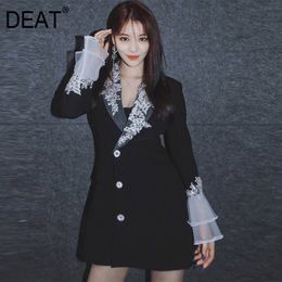 spring and summer fashion women clothes single breasted lace patchwork V-neck flare sleeves slim blazer WP84801L 210421