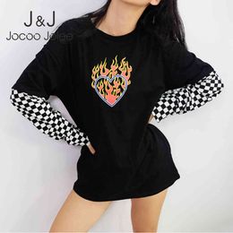 Jocoo Jolee Women Plaid Patchwork Long Sleeve Flaming Heart Print Sweatshirt Autumn Black Checkboard Pullover Hoodies 210518