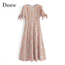 Women Vintage O Neck Midi Dress Summer Floral Print Boho Split Dress Bow Tie Short Sleeve Beach Casual Dresses Sundress 210414
