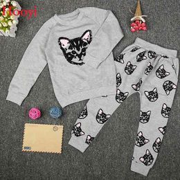 Grey Girls Sport Suits Cat Children Tracksuits Autumn Spring Baby Girl Sweatshirt + Trouser Sets Fashion Girl Clothes Tops 210413