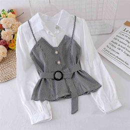 Spring Autumn Women's Shirt Korean Striped Suspender Solid Color Long-Sleeved Blouse Fake Two-Piece Tops LL830 210719