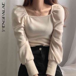 Women Fashion Puff Sleeve Basic Knitting Sweater Autumn Casual Slim-fit Knitted Pullover Vintage Jumper ZA4931 210427