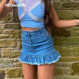 HEYounGIRL Casual Ruffles Blue Jeans Skirts Ladies Y2K High Waisted Short Skirt Women Pocket Fashion Preppy Style Streetwear X0428