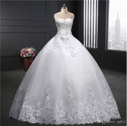 Applique Lace Strapless Ball Gown Wedding Dresses Floor Length Plus Size Modern Simple Bead Crystal Bridal Dress