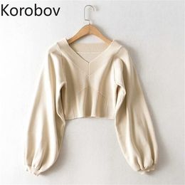 Korobov Korean Harajuku Sweaters Women Solid Colour V Neck Long Sleeve Pullovers New Fashion All-match Knitted Tops Pull Femme 210430