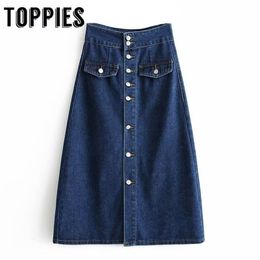 Vintage Single Breated Button Denim Skirts Womens High Waist Midi Ladies Fashion Streetwear 210421