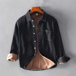 Men Autumn Winter Korea Japan Style Single Breasted Turn Down Collar Long Sleeve Slim Fit Fleece Lined Jacket Thick Male Coat 211217