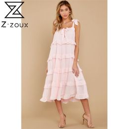 Women Dress Bow Bandage Sleeveless Sexy Dresses Pink White Plus Size Ruffles Summer Clothes 210513