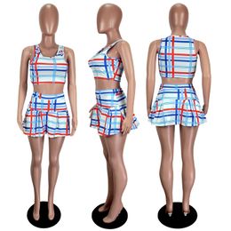 Women Dress Sets Summer Plaid Outfits Pullover Tank Top+pleated Skirt Matching Set Casual Skirt Suits DHL 7165