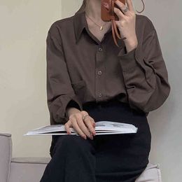 Brief Office Lady Solid Chic Elegance Oversize Female Loose Fashion Lapel Work Wear Blouse Women Gentle Shirts 210421