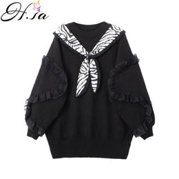 Woman Sweaters Bow Tie Long Pullover and Jumpers Leopard Pull Femme Ruffles Warm Knit Sweater Tops 210430