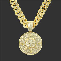Iced Out Full Cubic Zircon Round Tags NO 7 Pendant With Rhinestone 13mm Miami Cuban Chain Choker New Hip Hop Necklace Jewelry X0509