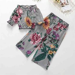 Winter Children Casual Cute Long Sleeve Slash Neck Floral Striped T-shirt Wide Legged Trousers Baby Girl Clothes Sets 210629