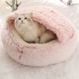 Pet Dog Cat Round Plush Bed Semi-Enclosed Nest for Deep Sleep Comfort in Winter s Little Mat Basket Soft Kennel 211111