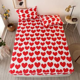 Bonenjoy 3 pcs Fitted Bed Sheet with Pillowcase Red Heart Printed White Color drap housse 180x200cm Sheet on Elastic 210626