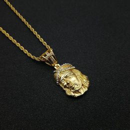 Hip Hop Jesus Kopf Stück Anhänger Halskette Gold Farbe Rostfreiem Stahl Bling Strass Kette Für Frauen Männer Schmuck Dropshipping