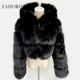 ZADORIN High Quality Furry Cropped Faux Fur Coats and Jackets Women Fluffy Top Coat with Hooded Winter Fur Jacket manteau femme Y0829