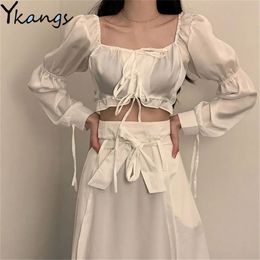 Summer Sexy Gothic 2pcs Set Square Collar Lace-Up Cropped Blouses + High Waist Midi Pleated Skirts Women Casual Solid 2Pcs Suit 210421