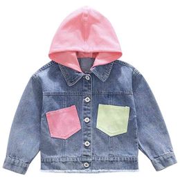 Hooded Jeans Coat for Teenage Girls Spring Fall Children Letter Print Denim Jackets Cotton Outerwear Sport Tops with Pockets 210622