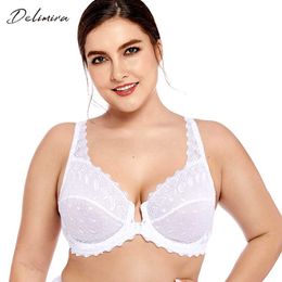 Delimira Women's Plus Size Full Coverage Support Unlined Embroidered Front Close Underwired Lace Bra 210623