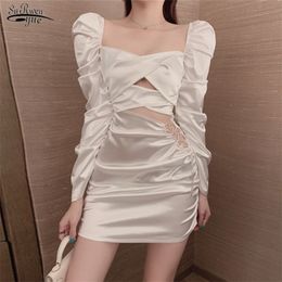 Puff Sleeve Pleated Solid Dress Women Satin Wrap Sexy Female Drill Chain Hollow Out Partynight White es Vestido 13001 210521