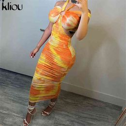 Kliou Print Maxi Dress Women Sexy Criss Cross Sleeveless Neck-Mounted Bandage Backless Midnight Party Beach Style Club Apparel Y1204