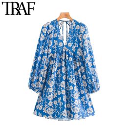 TRAF Women Chic Fashion Floral Print Pleated Mini Dress Vintage Puff Sleeves Backless Elastic Female Dresses Vestidos 210415