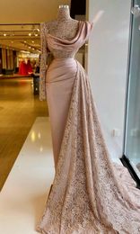 Pink Evening Blush Dresses Sexy Sheer Lace Indian Style Long Sleeve High Neck Plus Size Dubai Women Formal Prom Party Gowns