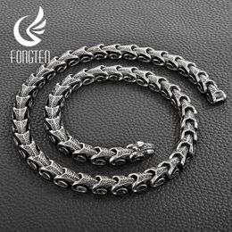 Fongten Viking Gothic Style Dragon Long Men Necklace Matte Black StainlSteel Punk Vintage Link Chain Fashion Jewellery X0707