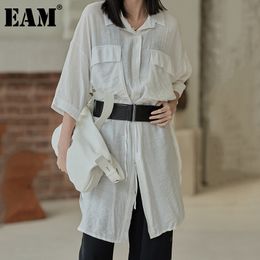 [EAM] Women Khaki Big Size Mid-length Blouse Lapel Three Quarter Sleeve Loose Fit Shirt Fashion Spring Summer 1DD8025 21512